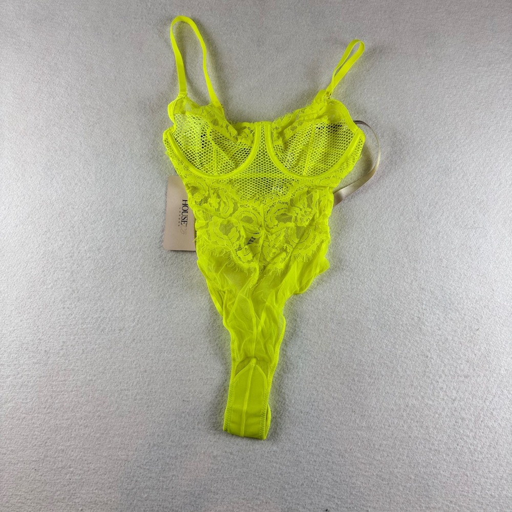 House of CB Nadia Neon Yellow Lace Mesh Underwire Bodysuit SBG0320N XS Plus Cup